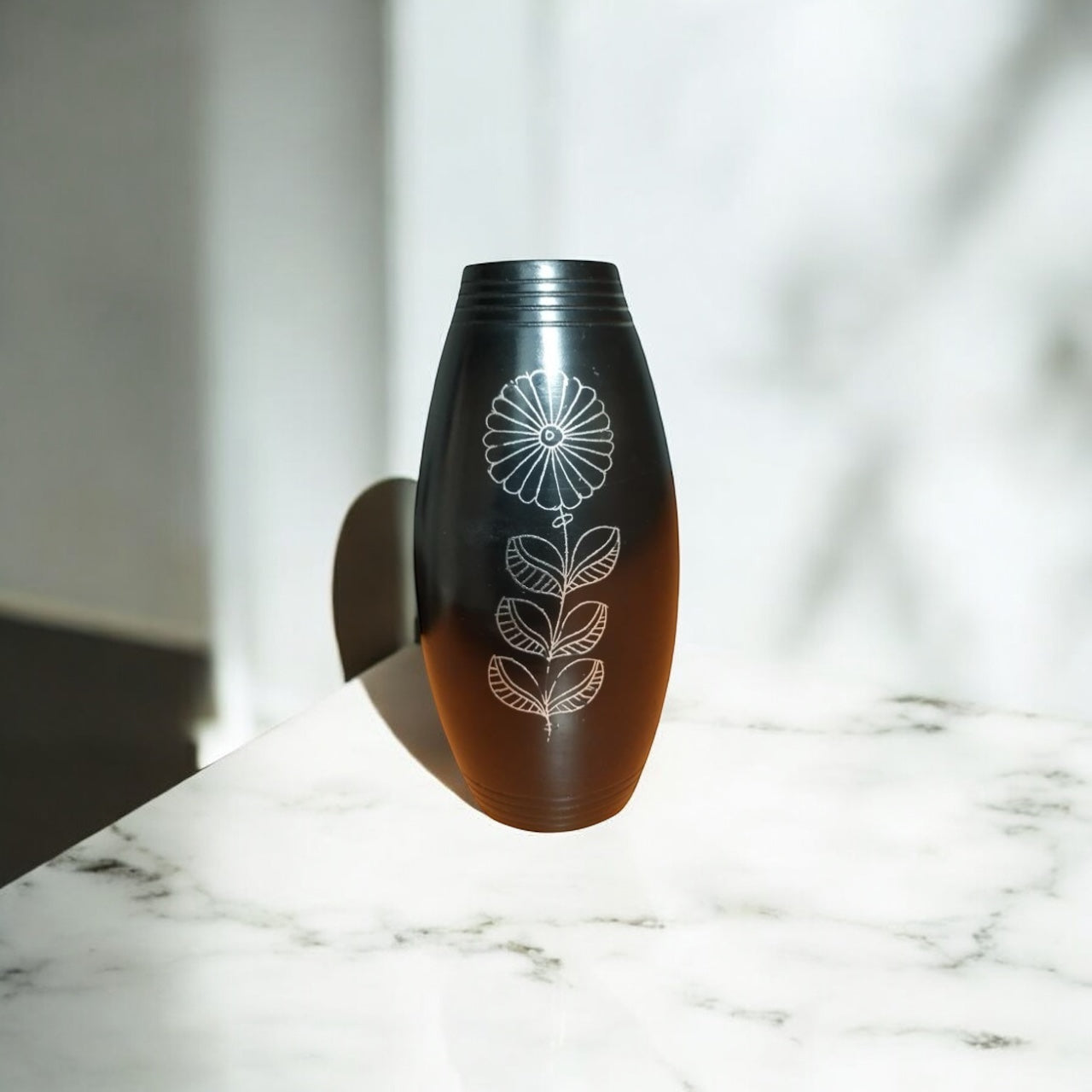 Nizamabad Black Pottery Barrel Vase with Silver Engraving